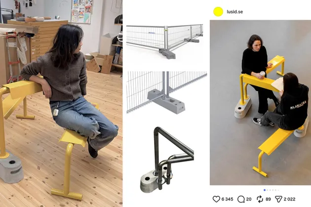 Collage of photos showing a yellow bench, people using it and a sketch of the bench's construction.