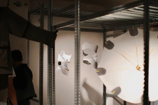 Back braces suspended in the air by thin wires in an exhibition. Photo. 