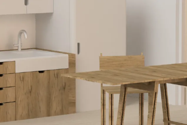 a 3D-render of a kitchen with furniture.