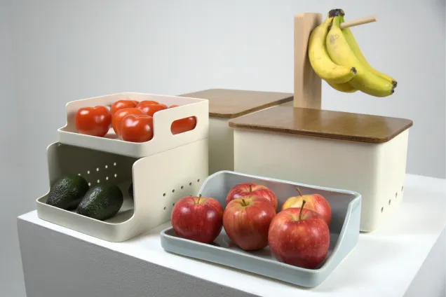Stackable modular containers with fruits and vegetables. Photo.
