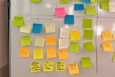 Post-it notes in different colours put on a white board. Photo.