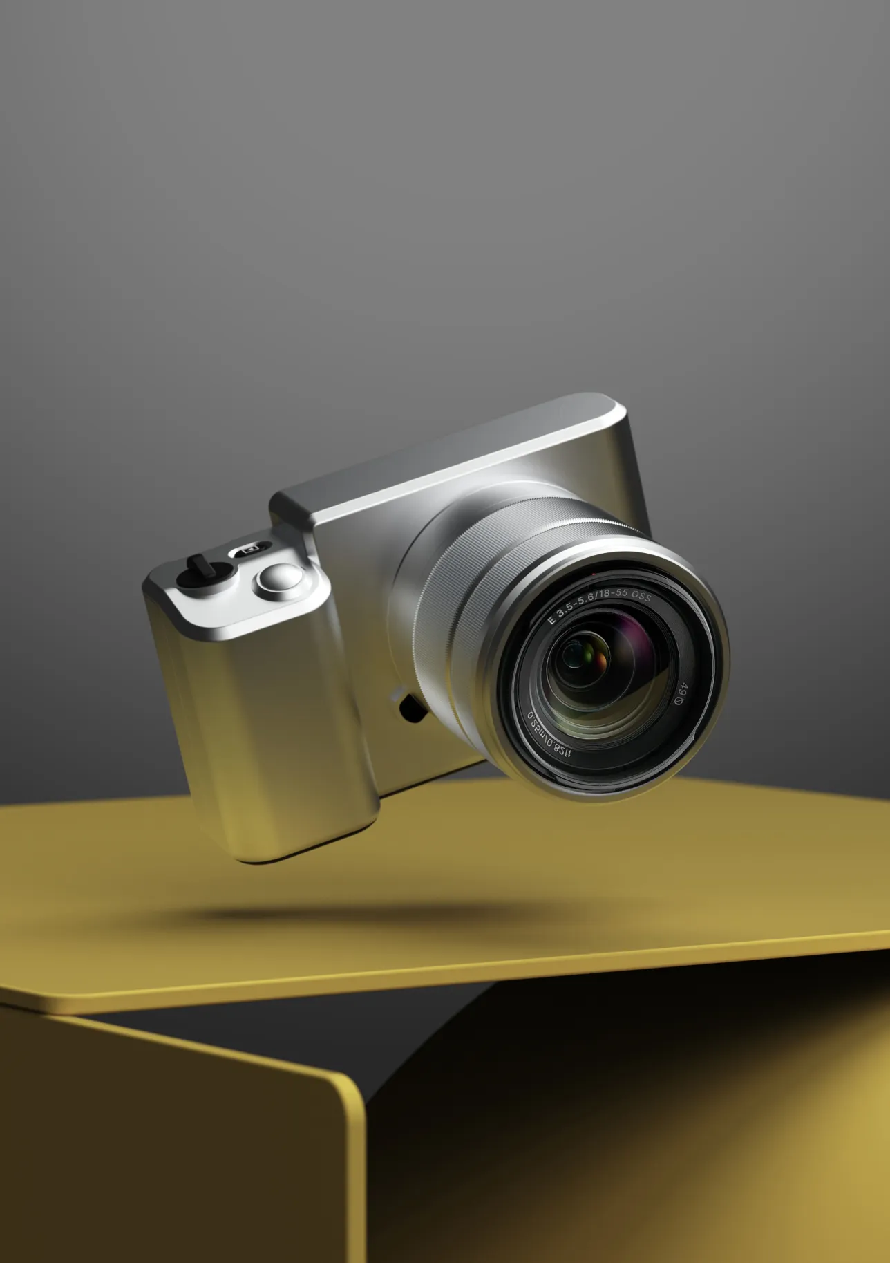 a silver colored camera floating above a surface. 3D-render. 
