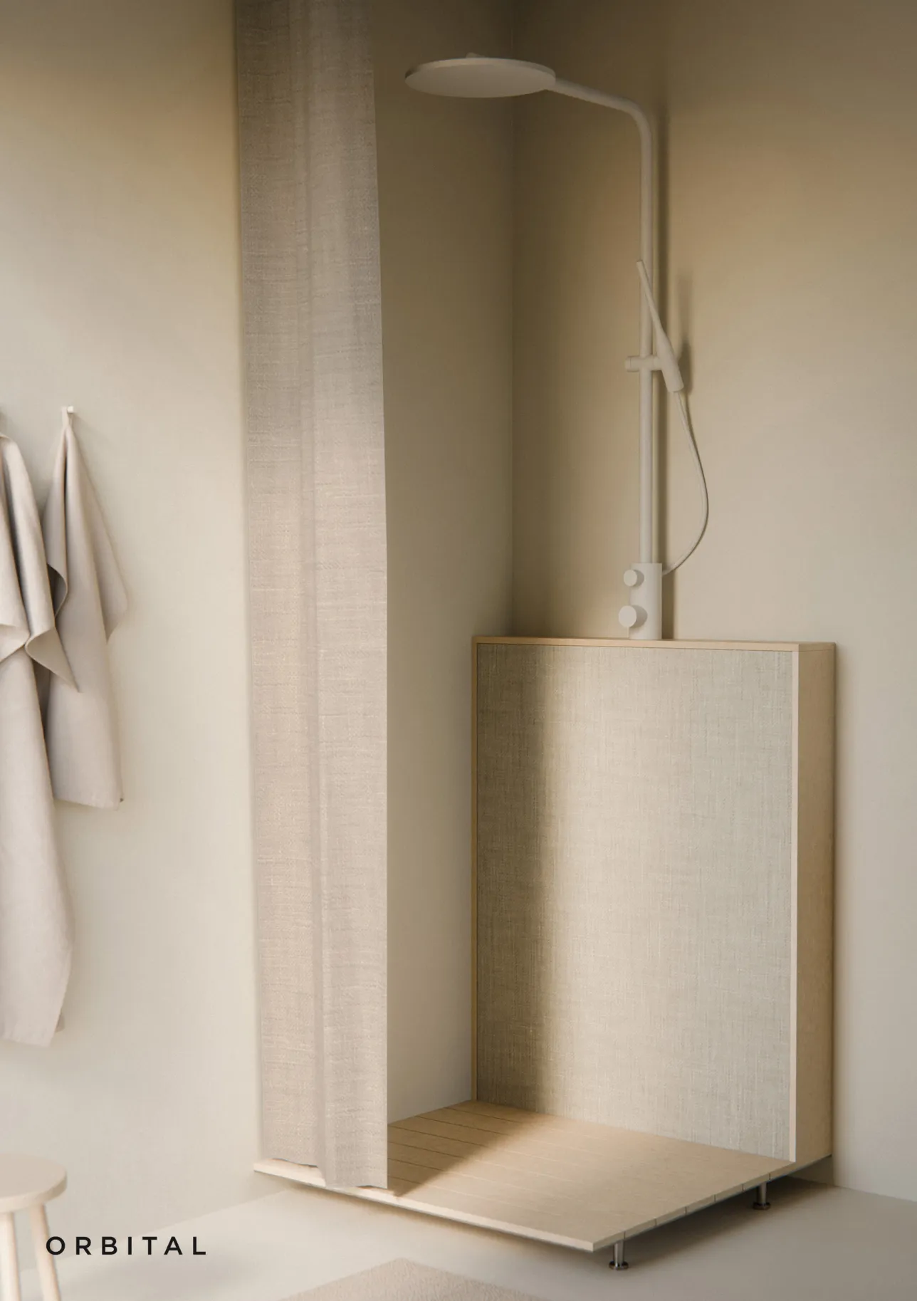 a rendering of a shower in the corner of a room. 