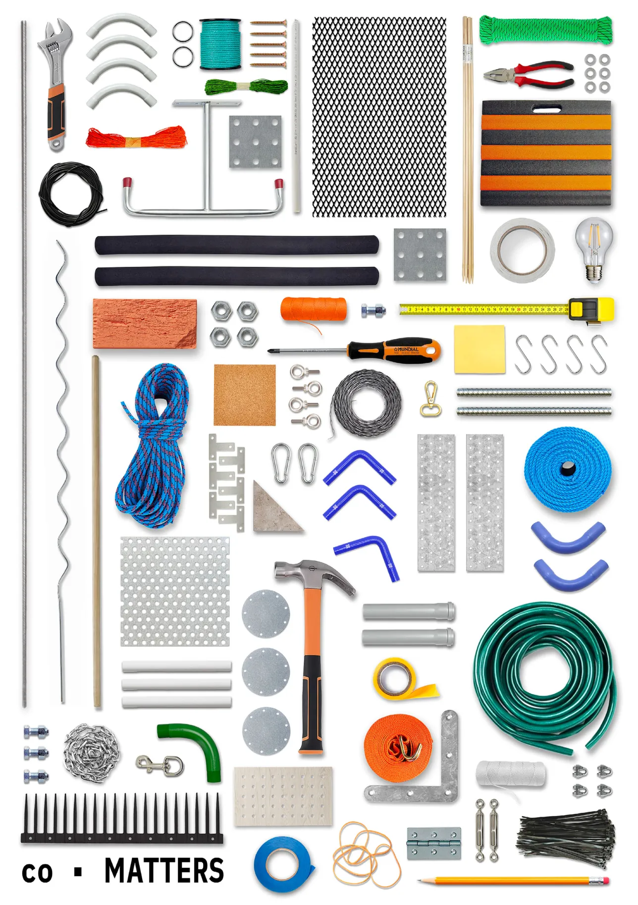 many everyday tools and objects seen from an overhead view. 