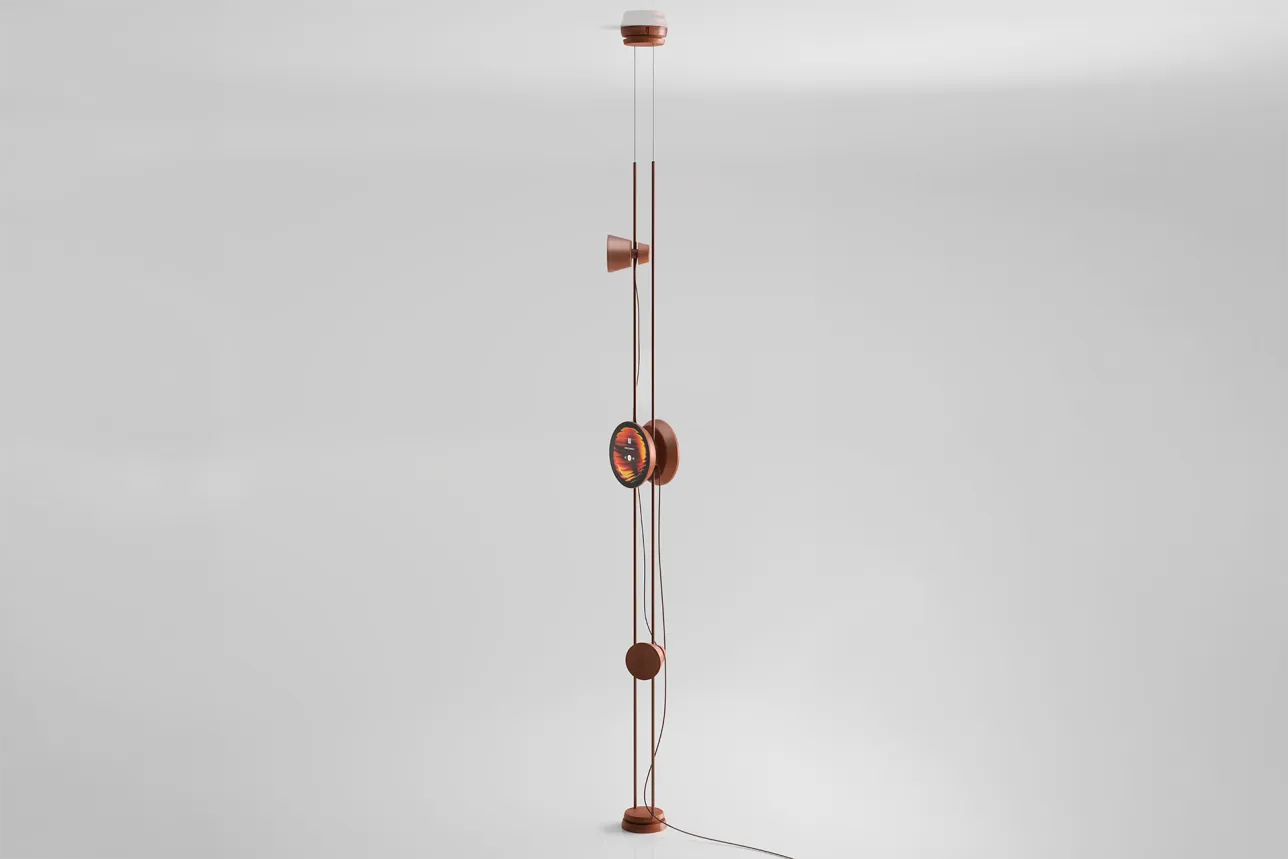 Vertical speaker system in metallic copper finish on a white studio backdrop. 3D-rendering.