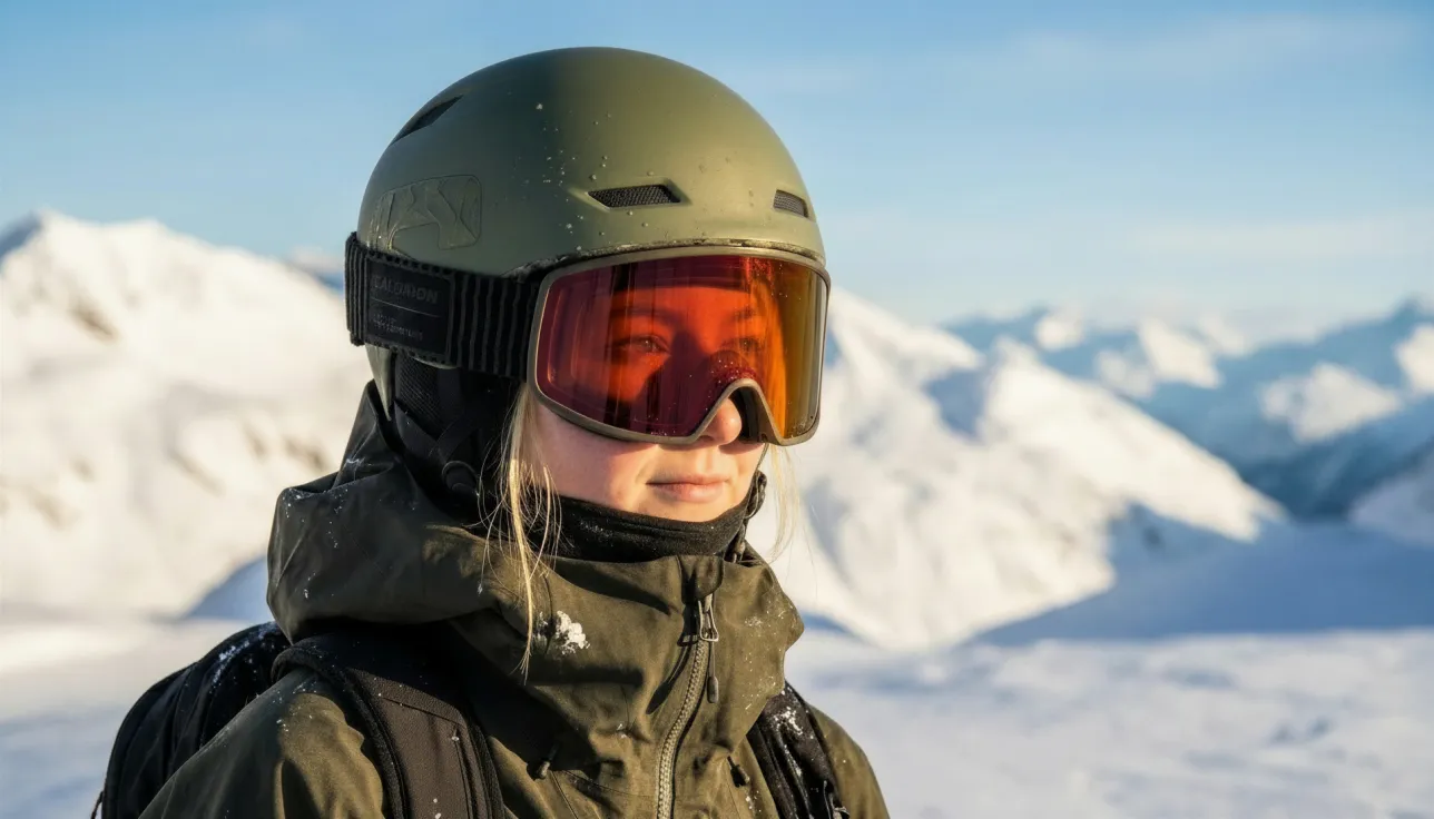 Skier with olive green helmet on. AI-generated photo.