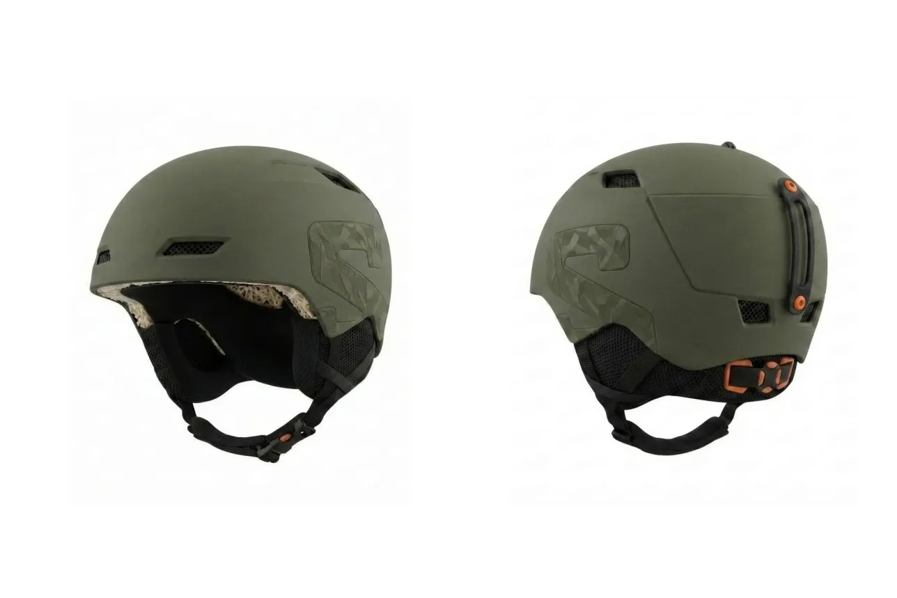 Olive green ski helmet viewed in two different angels. AI-generated photo.