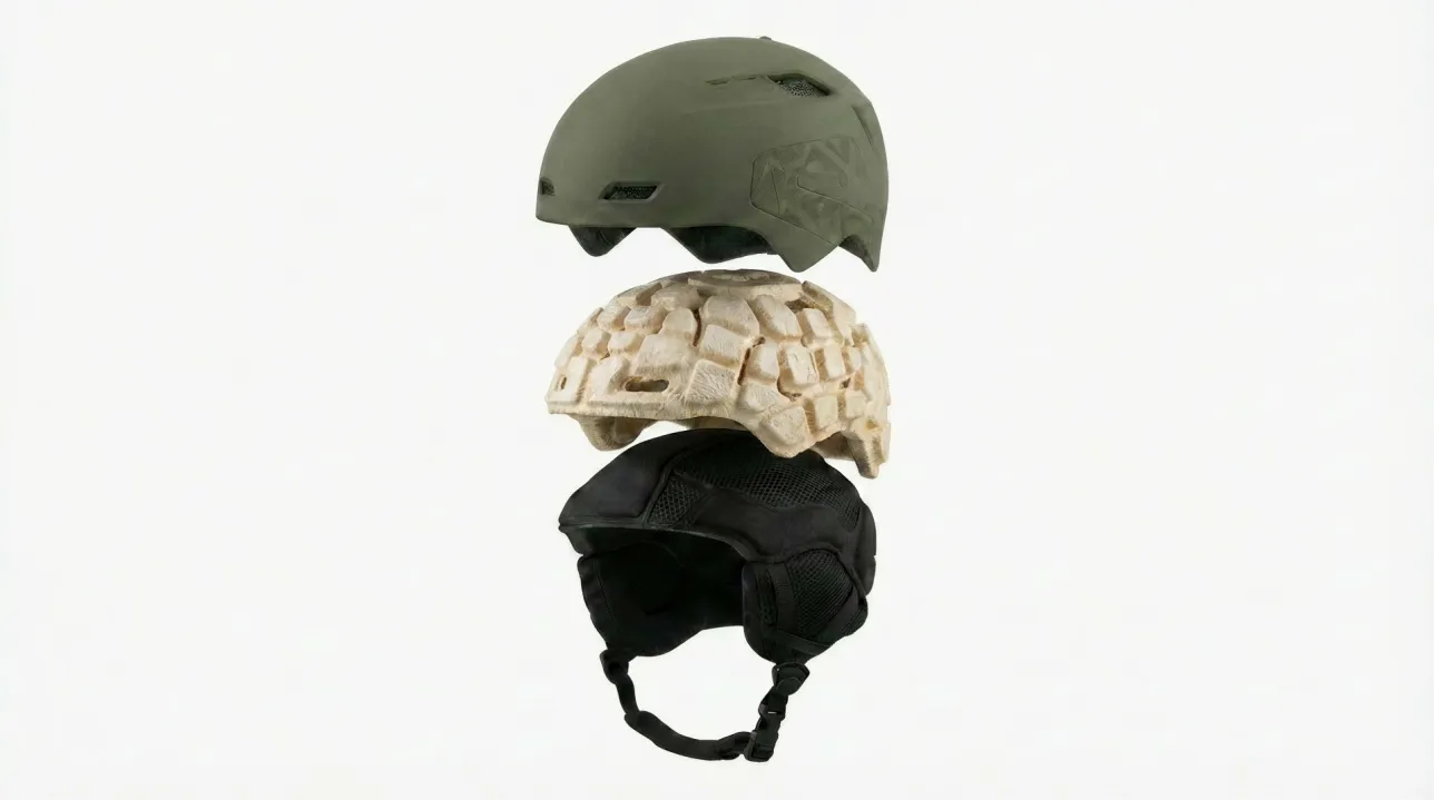 Exploded view of a helmet showing the impact absorbing layer made out of mycelium composites. AI-generated photo.