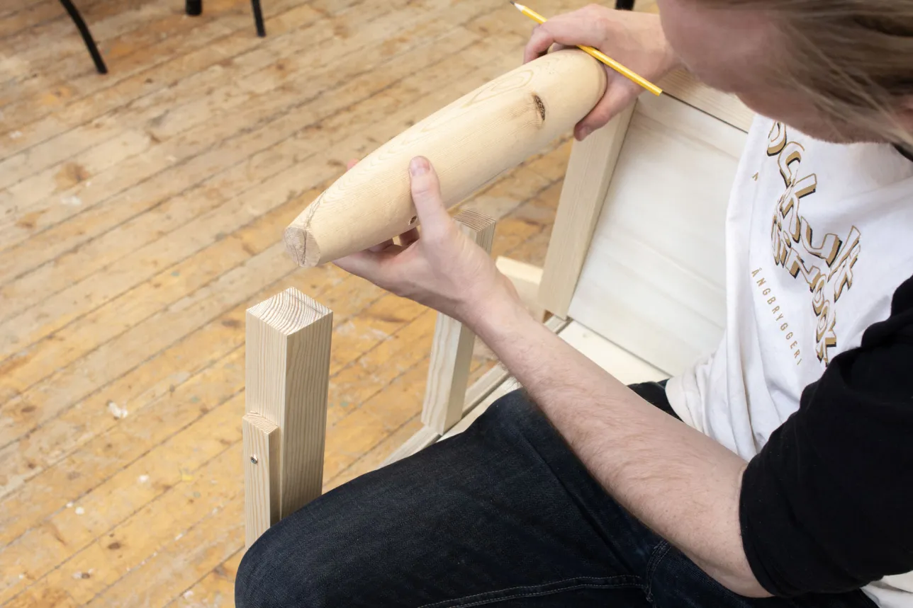 Process image from the making of the sofa, trying a blimp shaped armrest. Photo. 