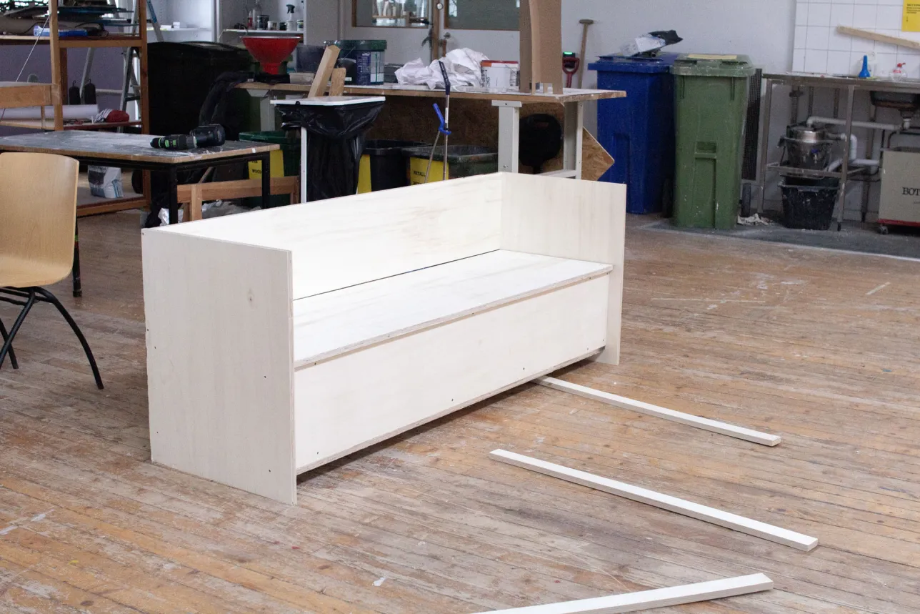 The mock up model of the sofa, blocky poplar plywood construction. Photo. 